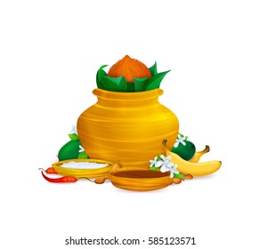 Happy Ugadi, holiday set, template, greeting card,.. Gold pot, coconut, flowers of Neem tree,mangoes, tamarind, pepper,sugar water, bananas, salts.. Handdrawn vector illustration. Samvatsaradi, Yugadi