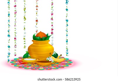 Happy Ugadi, holiday set, template, greeting card,.. Gold pot, coconut, flowers of Neem tree,mangoes, tamarind, pepper,sugar water, bananas, salts.. Handdrawn vector illustration. Samvatsaradi, Yugadi