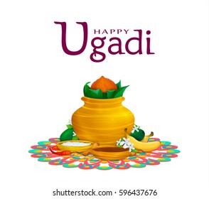 Happy Ugadi, holiday set, template, greeting card. Gold pot, coconut, flowers of Neem tree, mangoes, tamarind, pepper, sugar water, bananas, salts.. Handdrawn vector illustration. 