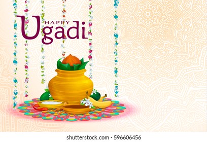 Happy Ugadi, holiday set, template, greeting card. Gold pot, coconut, flowers of Neem tree, mangoes, tamarind, pepper, sugar water, bananas, salts. Handdrawn vector illustration. Samvatsaradi, Yugadi