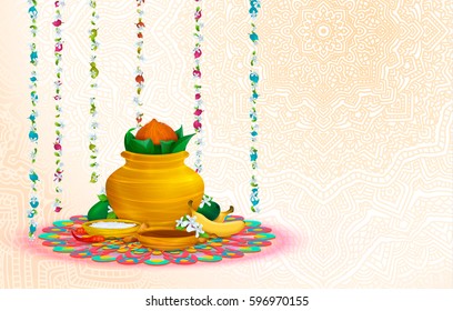 Happy Ugadi, holiday set, template, greeting card. Gold pot, coconut, flowers of Neem tree, mangoes, tamarind, pepper, sugar water, bananas, salts. Handdrawn vector illustration. Samvatsaradi, Yugadi