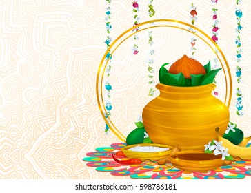 Happy Ugadi, holiday set, template, greeting card,.. Gold pot, coconut, flowers of Neem tree,mangoes, tamarind, pepper,sugar water, bananas, salts.. Handdrawn vector illustration. Samvatsaradi, Yugadi