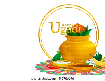 Happy Ugadi, holiday set, template, greeting card,.. Gold pot, coconut, flowers of Neem tree,mangoes, tamarind, pepper,sugar water, bananas, salts.. Handdrawn vector illustration. Samvatsaradi, Yugadi