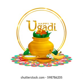 Happy Ugadi, holiday set, template, greeting card,.. Gold pot, coconut, flowers of Neem tree,mangoes, tamarind, pepper,sugar water, bananas, salts.. Handdrawn vector illustration. Samvatsaradi, Yugadi