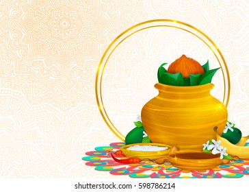 Happy Ugadi, holiday set, template, greeting card,.. Gold pot, coconut, flowers of Neem tree,mangoes, tamarind, pepper,sugar water, bananas, salts.. Handdrawn vector illustration. Samvatsaradi, Yugadi