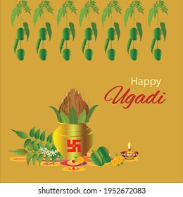 Happy Ugadi kalash with coconut , mango leaves , neem leaves with its blossom green mango, colorful rangoli design and traditional lamp   with deep pink typography on ochre background.