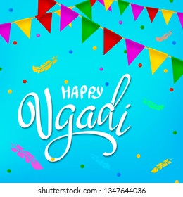 Happy Ugadi lettering. Greeting card. Gudi Padwa Hindu new year.