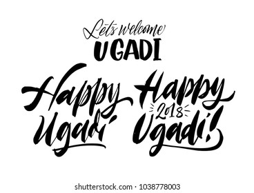 Happy Ugadi lettering set. New Year's Day of Hindu calendar handwritten inscription. Vector hand drawn calligraphy for poster, banner, postcard, invitatation. Brush pen modern style collection.