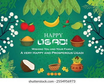 Happy Ugadi New Year festival. holiday celebrated by the inhabitants of Karnataka and Andhra Pradesh. abstract vector illustration graphic design.all layers are single for any coustomization .Eps 10