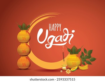 happy Ugadi New Year festival. holiday celebrated by the inhabitants of Karnataka and Andhra Pradesh. abstract vector illustration graphic design.