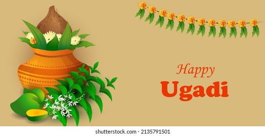Happy Ugadi New Year's Day festival of Andhra Pradesh, Telangana, and Karnataka in India .Vector illustration