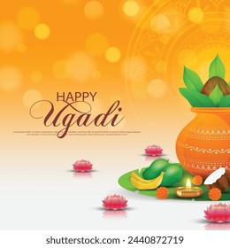 Happy Ugadi, New Year's Day according to the Hindu calendar - poster template design including Kalash, banana leaf, green mango, flowers, rangoli and diya. Vector illustration.