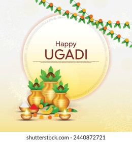 Happy Ugadi, New Year's Day according to the Hindu calendar - poster template design including Kalash, banana leaf, green mango, flowers, rangoli and diya. Vector illustration.