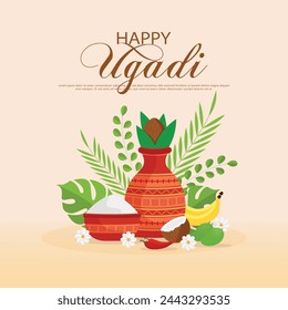 Happy Ugadi, New Year's Day according to the Hindu calendar - poster template design including Kalash, green mango, flowers. Vector illustration.