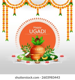 Happy Ugadi, New Year's Day according to the Hindu calendar - poster template design including Kalash, banana leaf, green mango, flowers, rangoli and diya. Vector illustration.