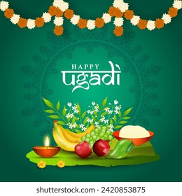 Happy Ugadi Poster Design with Fruits, Neem Leaves, Flowers, Illuminated Oil Lamp, Salt Bowl and Flower Garland Decorated on Green Mandala Pattern Background.