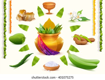 Happy Ugadi. Set Holiday accessories. Gold pot. Isolated on white vector illustration