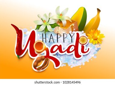 Happy Ugadi. Template greeting card traditional festive Indian food. Vector cartoon illustration