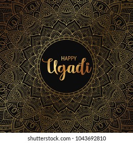 Happy Ugadi. Template greeting card for holiday. Mandala background, backdrop, wallpaper