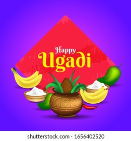 Happy Ugadi with traditional for India, New Year Festival Ugadi isolated purple background