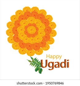 Happy  Ugadi typography in English with marigold flowers arranged in circle in yellow and red color with neem leaves and green mango on white color background.