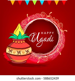 Happy Ugadi, Vector Illustration based on Floral Vintage Frame and stylish text with Kalash on decorative background.