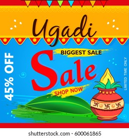 Happy Ugadi, Vector Illustration based on Sale, Offer, Discount etc. Poster on decorative background with kalash etc., on the occasion of Ugadi.