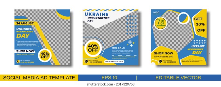 Happy Ukraine Independence Day social media post template. With blue and yellow colors. Suitable for social media posts and web internet ads