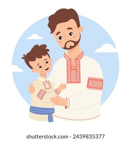 Happy Ukrainian bearded man father with son in traditional  clothes embroidered vyshyvanka. Festive nation character family. Vector illustration for design festive themes, father's day. 