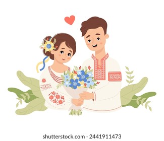 Happy Ukrainian enamored couple. Cute man and woman in traditional embroidered clothes with bouquet flowers. Vector illustration in flat style for holiday design.