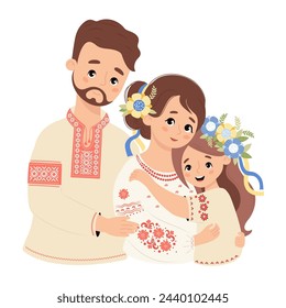 Happy Ukrainian family. Cute bearded man dad hugs his wife and daughter tenderly in traditional clothes embroidered shirt vyshyvanka. Vector illustration. Festive national character family.