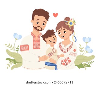 Happy Ukrainian family. Cute bearded man dad hugs his wife and son tenderly in traditional clothes embroidered shirt vyshyvanka. Vector illustration. Festive nation character family.