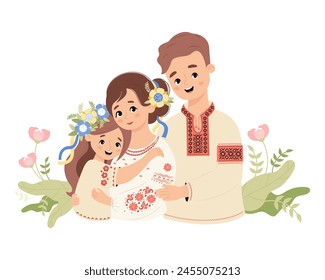 Familia ucraniana feliz. Lindo padre, madre e hija con corona floral con cintas de color amarillo-azul en ropa tradicional camisa bordada. Ilustración vectorial. Familia festiva de carácter nacional.