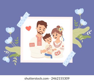 Happy Ukrainian family of three. Man dad his wife and son together in embrace in traditional embroidered clothing, signifying cultural heritage. Vector illustration. Photo portrait frame with flowers.