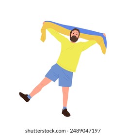 Happy Ukrainian fan cartoon male character dancing with pleasure holding two-colored national flag