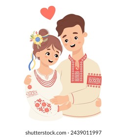 Happy .Ukrainian people. Cute man and woman in traditional embroidered clothes vyshyvanka. Vector illustration. loving couple of characters of Ukrainian nation