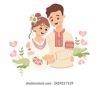 Happy Ukrainian people. Cute smiling guy gently hugs girl in traditional clothes, embroidered shirt vyshyvanka. Vector illustration. Enamored national Ukrainian couple characters .