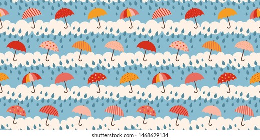 Happy umbrella vector pattern with clouds and rain drops, seamless repeat. Colorful autumn design. 
