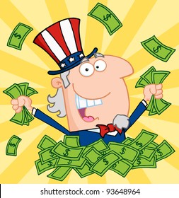 Happy Uncle Sam Playing In A Pile Of Money