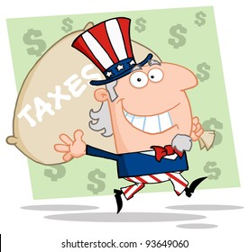 Happy Uncle Sam Runs And Carries A Bag Of Money