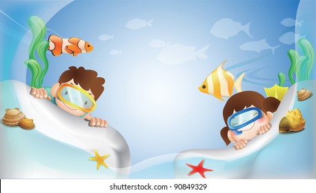 Happy Underwater Adventure with Cute Marine Life on blue background