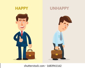 Сontrasting a happy and unhappy businessman, positive and negative person, optimist and pessimist. Successful and unsuccessful man. Vector illustration, flat design cartoon style, isolated background.