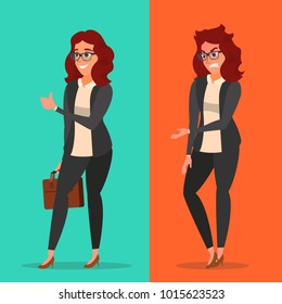 Happy And Unhappy Businesswoman Vector. Good And Bad. Right And Wrong. Like And Dislike. Isolated Flat Cartoon Character Illustration
