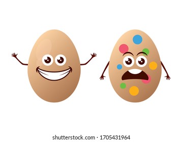 Happy and unhappy easter eggs vector. Funny easter eggs vector. Aghast easter egg cartoon character. Sick colorful egg icon isolated on a white background. Humorous Easter card vector