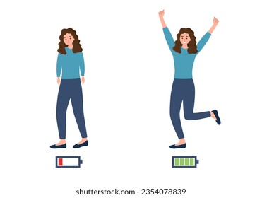 Happy and unhappy female with vital power or battery charge indicator. Energetic and tired or exhausted woman and life energy indication.