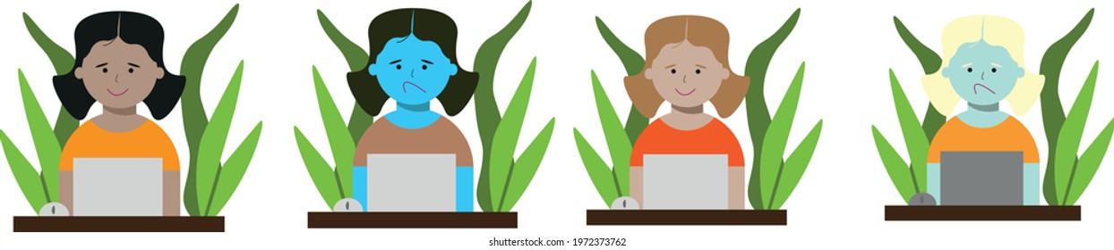 A happy  and unhappy girl working on a laptop and green plants behind her, four illustrations