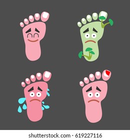 Happy and Unhappy leg with sweaty foot. fungus etc Podiatry medical concept. Human feet anatomy. Vector illustration