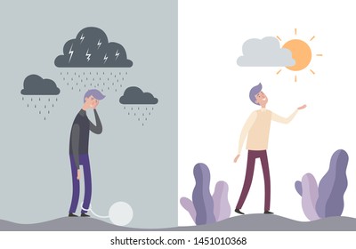 Happy And Unhappy Man Characters. Mental Human Health Vector Illustration. Unhappy Sad Human Emotion, Happy And Depressed