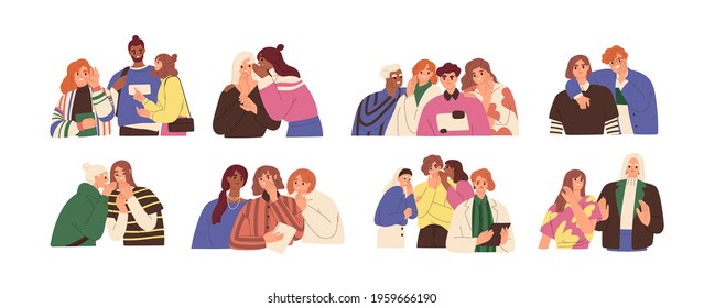 Happy and unhappy people gossiping, whispering in ear, slandering, spreading secrets, rumors, confidential information and news. Colored flat graphic vector illustration isolated on white background