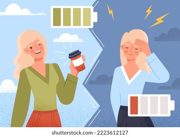 Happy and unhappy woman. Comparison of two girls in states with different emotional states and energy levels. Positivity and Optimism versus negativity and depression. Cartoon flat vector illustration